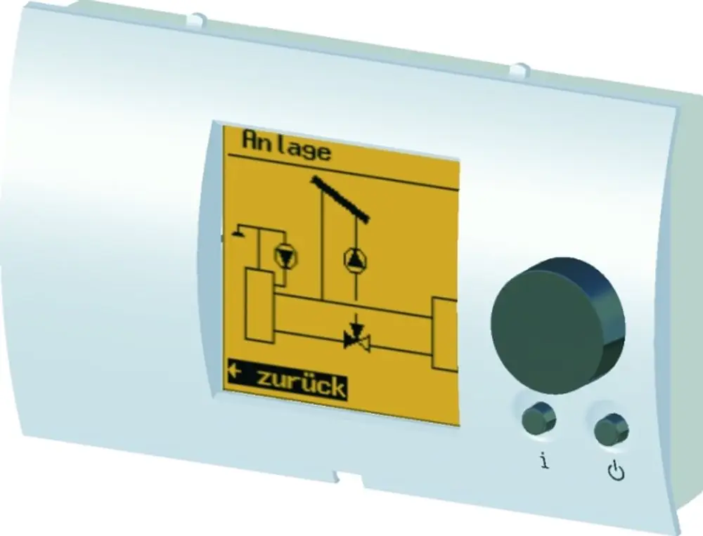 Bedienmodul mit grafischem Bildschirm für Regelungsanwendungen, präsentiert Informationen und Steueroptionen. Produkt von Wolf zur Unterstützung von WRS-Systemen.
